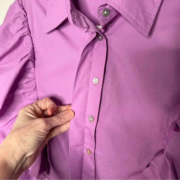 New J. NNA Lavender Ruffled Button Down Blouse Size Large Fairy Classic Workwear - Picture 8 of 10